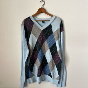 Vintage Gap Argyle Light Blue V Neck Sweater Y2K Preppy Professor Academia XL